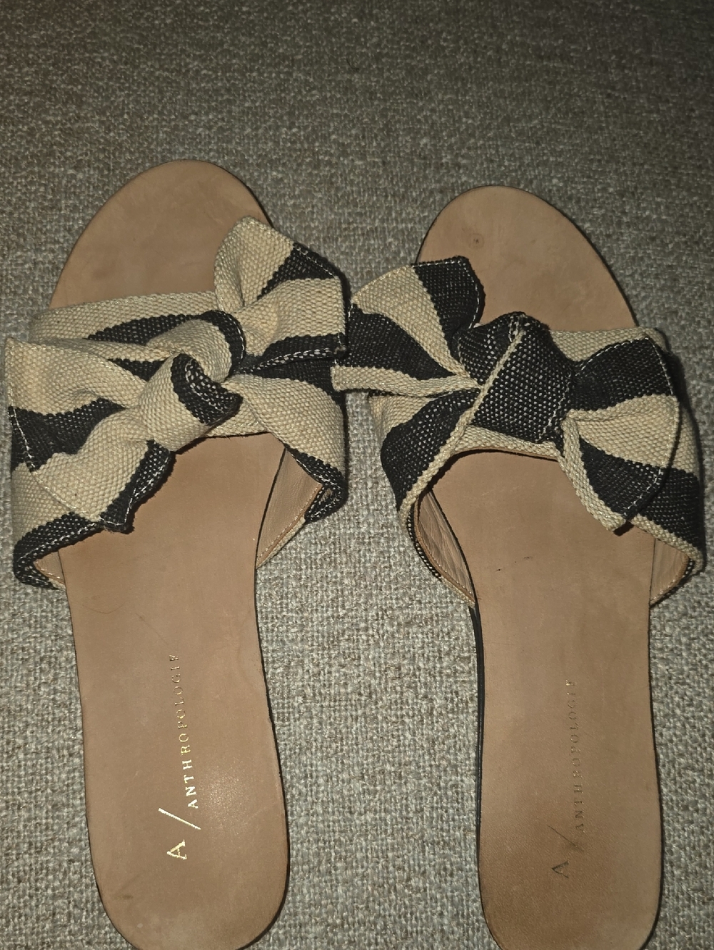 Anthropologie Black and Beige  Striped Bow Slide Sandals